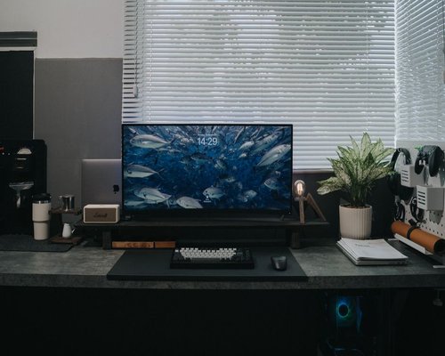 A well-organized home workspace with natural light